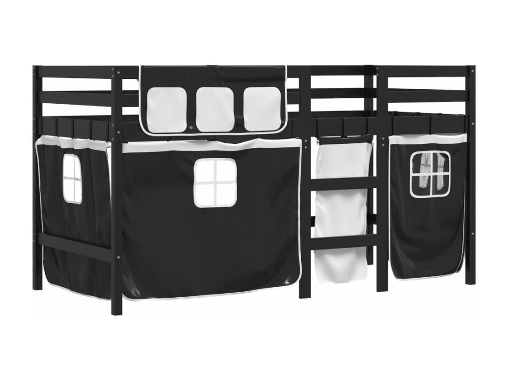 Lit mezzanine enfants et rideaux blanc-noir 90x200 pin massif RXAC76977