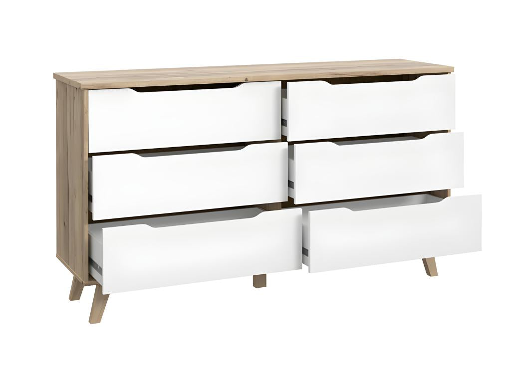 Commode 6 tiroirs décor chêne et blanc pieds bois massif - Cosymeub AGVQ14817