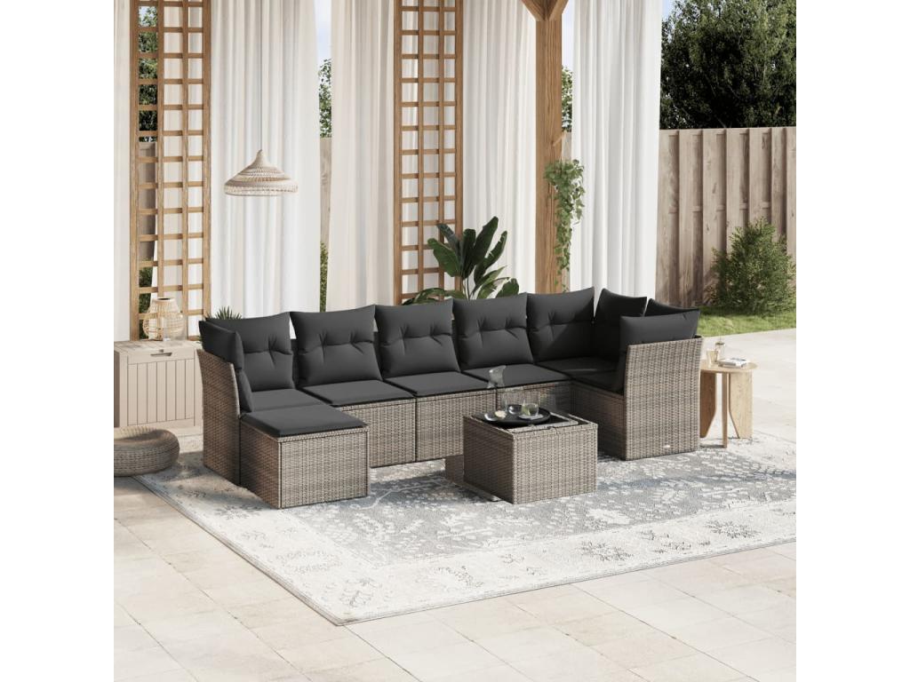 Salon de jardin 8 pièces avec coussins gris clair résine tressée GXTW86878