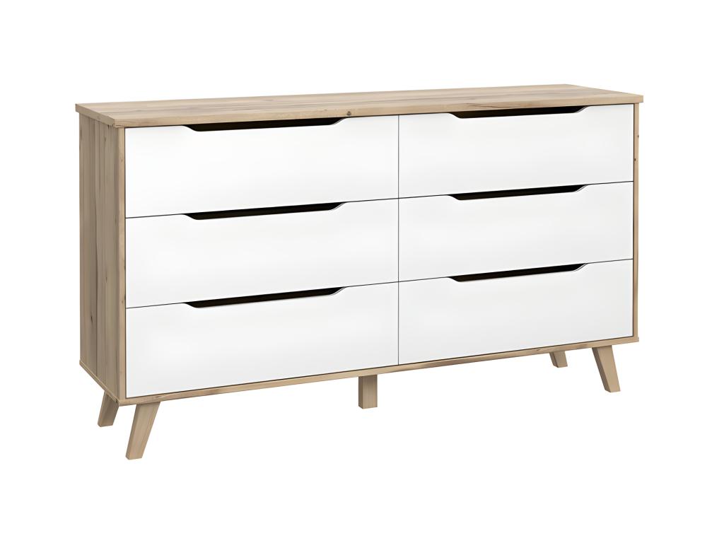 Commode 6 tiroirs décor chêne et blanc pieds bois massif - Cosymeub AGVQ14817