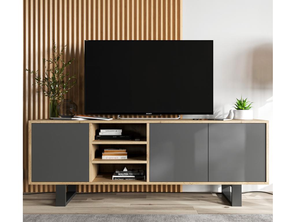 Meuble TV avec 3 portes et 1 niches - carcasse chêne Cosymeub façades graphite mat - 150 cm pieds en métal LHKP66624