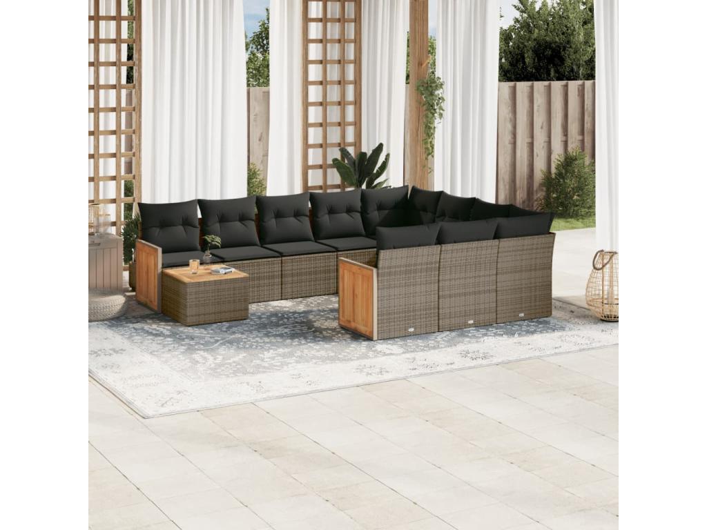 Salon de jardin 11 pcs avec coussins gris résine tressée WCQV17268