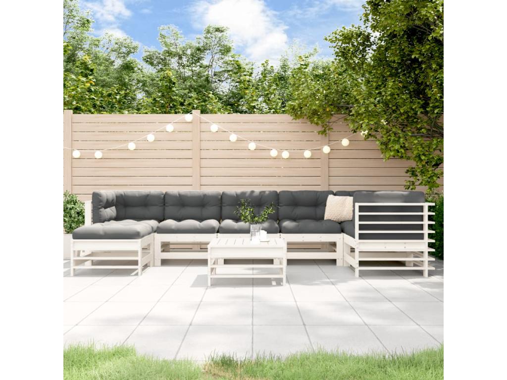 Salon de jardin 8 pièces avec coussins blanc bois massif BEUY78926