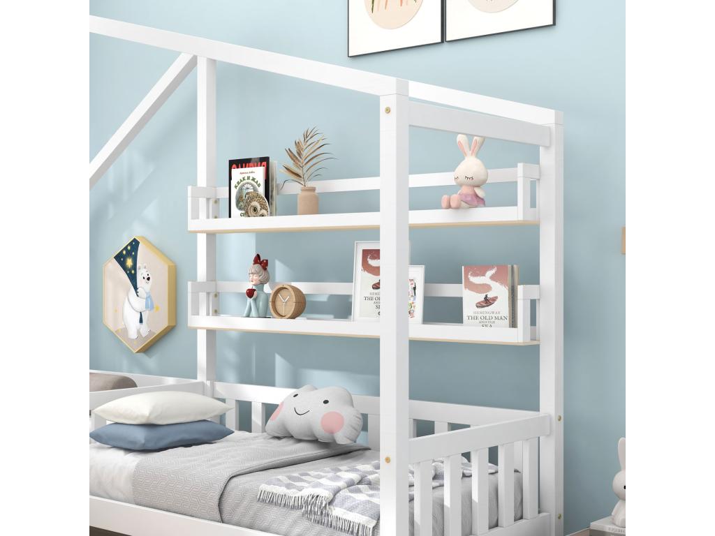 Lit cabane enfant 90x200cm 70x140cm - avec tiroirs étagères sommier à Cosymeub cadre en L en pin - Blanc YDVI65239