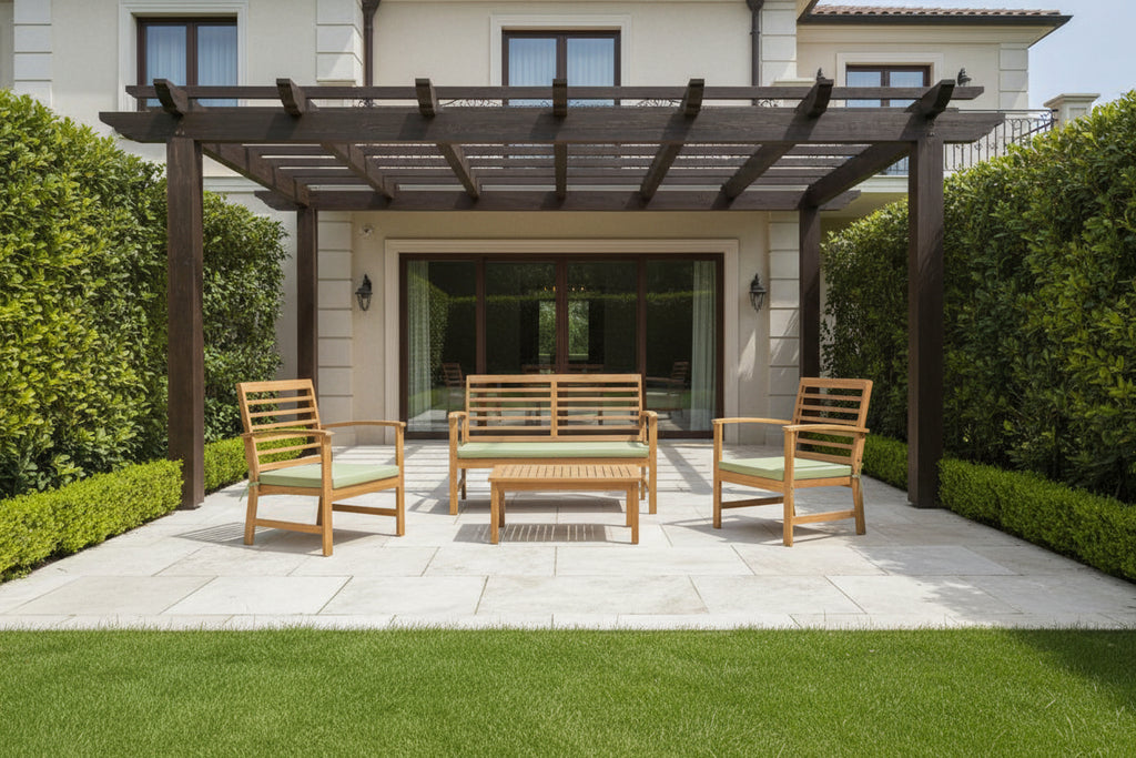 Salon de jardin vert de gris Cosymeub en bois d'Cosymeub 4 places- avec coussins en polyester- un canapé- une table- deux fauteuils MGKR76299