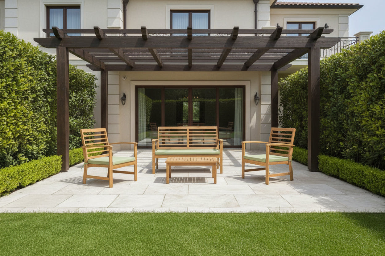 Salon de jardin vert de gris Cosymeub en bois d'Cosymeub 4 places- avec coussins en polyester- un canapé- une table- deux fauteuils MGKR76299