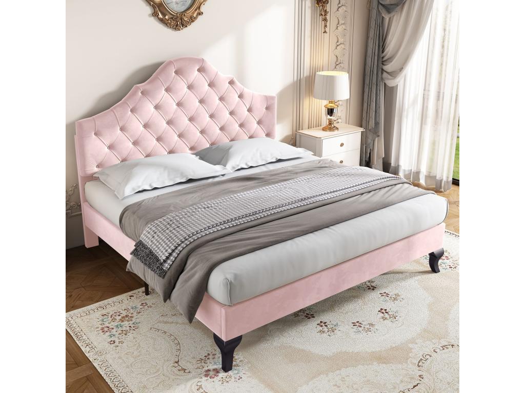Lit Tapissé avec Sommier à Cosymeub et Tête de Lit Lit Jeune avec Tête de Lit réglable en Hauteur 140x200 cm Velours Rose Sans Matelas YPKV68279