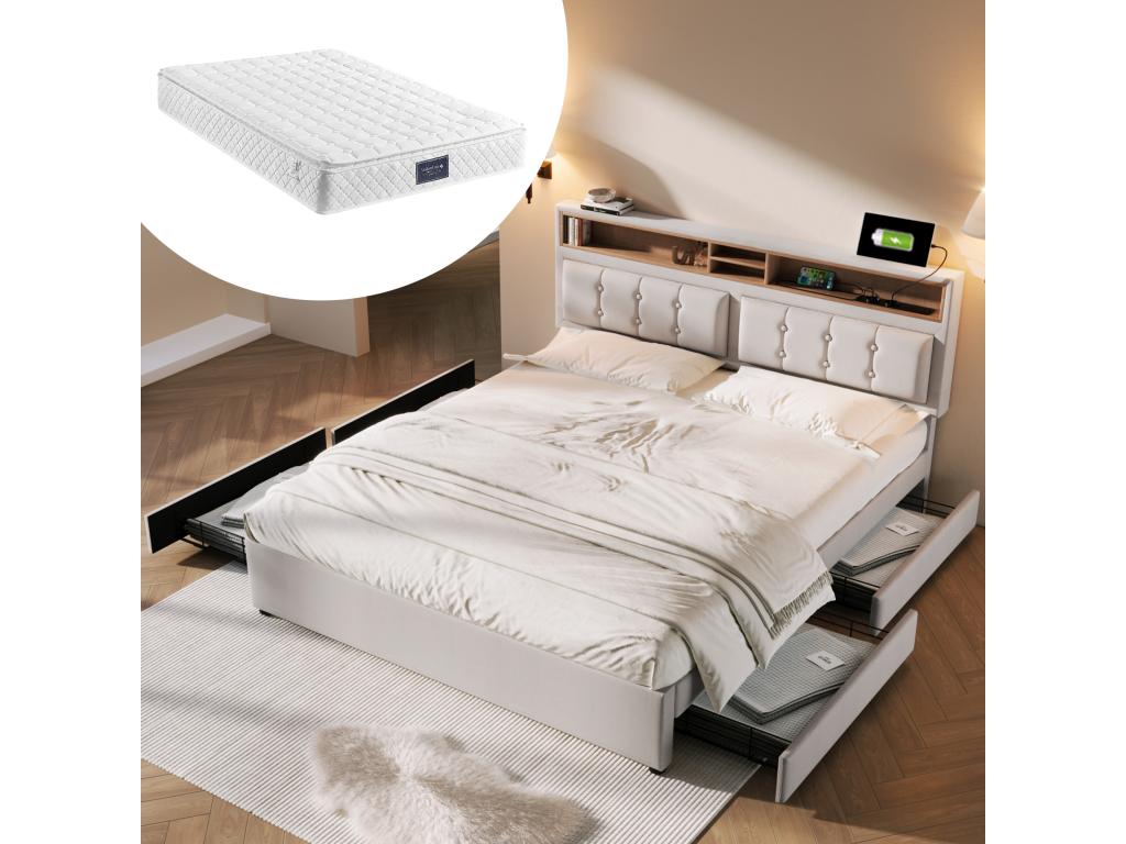 Lit avec tête de lit réglable - 140x200 cm - 4 tiroirs étagères et prise USB C - tissu lin - coloris beige Matelas UDMR51343