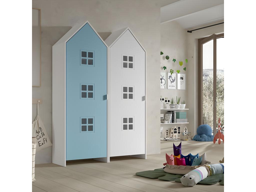 Cosymeub - Pack 2 Armoires Cabane 1 Porte Bleue et Blanche WTDV39987
