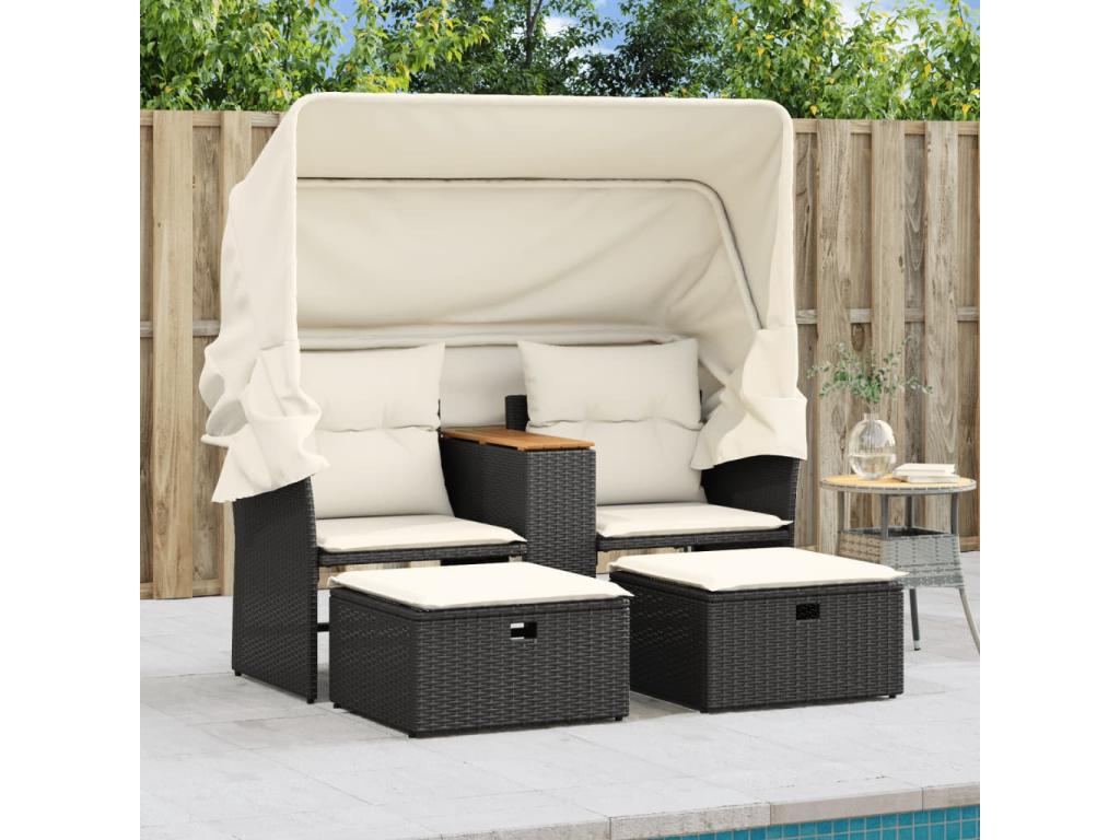 Canapé de jardin 2 places avec auvent et tabourets noir rotin WTHN41141