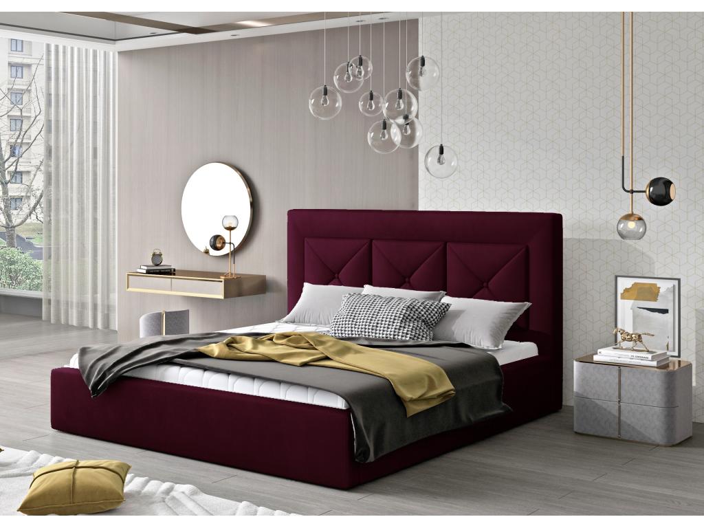 Lit double rembourré en velours Cosymeub-Couleur Magenta foncé-160x200-Version coffre de rangement ZKWG34366