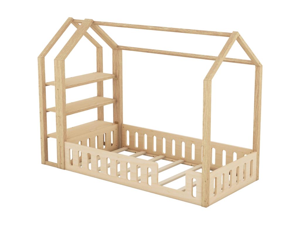 Lit cabane 90x200cm lit d'enfant plat lits maison avec balustrade lit avec 3 niveaux étagères de rangement naturel IZNT35346