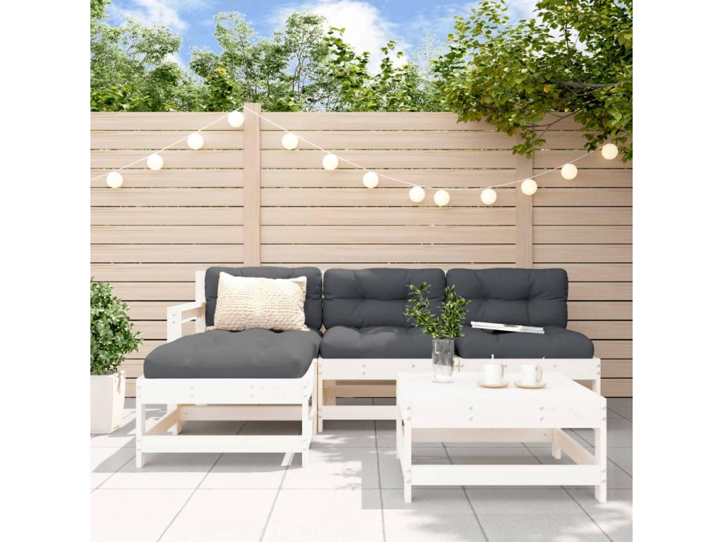 Salon de jardin 5 pcs avec coussins blanc bois massif IWKA60958