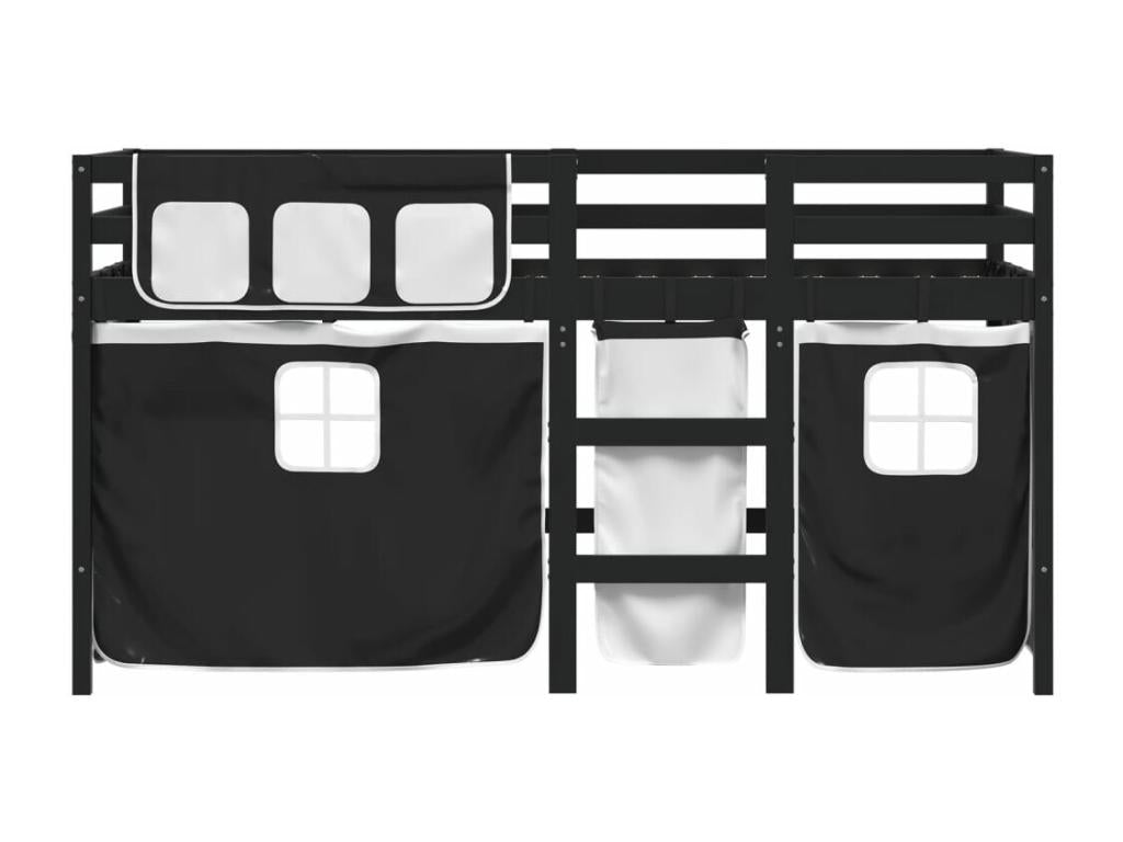 Lit mezzanine enfants et rideaux blanc-noir 90x200 pin massif RXAC76977