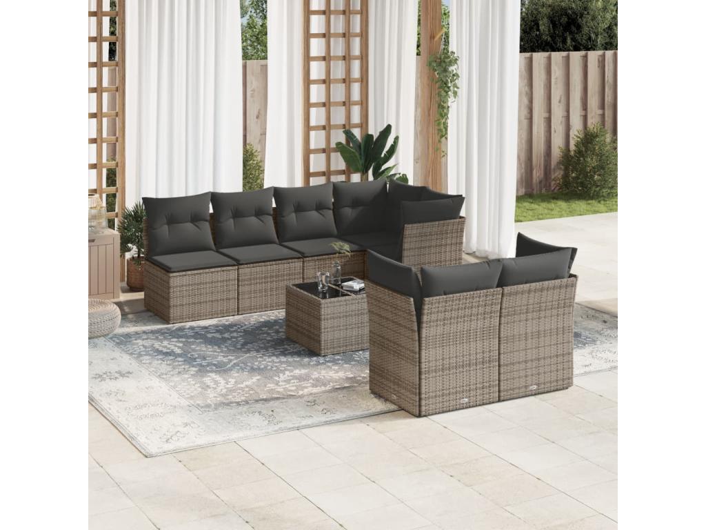 Salon de jardin 8 pièces avec coussins gris résine tressée FCVD94753
