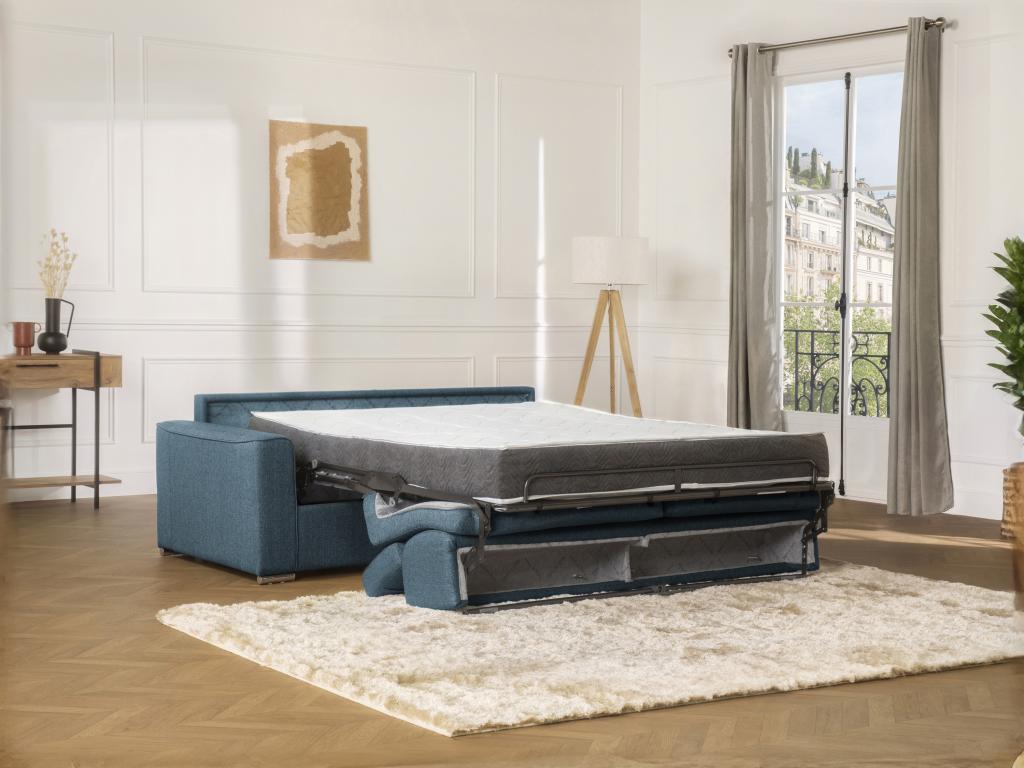 Canapé 3 places convertible express en tissu bleu - couchage Cosymeub larges 140 cm - Matelas 22 cm avec mémoire de forme Cosymeub HQTK64145