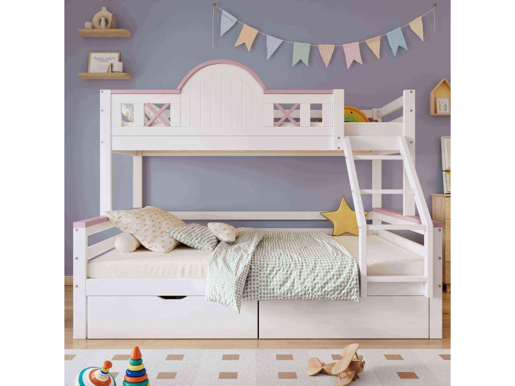 Lit superposé 90x200cm 140x200cm Lit d'enfant avec barrière de sécurité de couleur contrastée Deux tiroirs Blanc Rose Sans matelas ZUVV69601