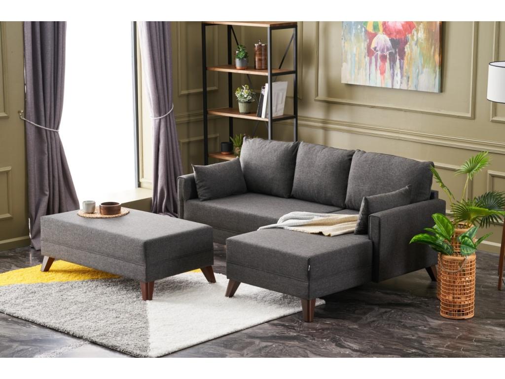Petit canapé convertible d'angle droit avec pouf tissu gris foncé Cosymeub 205cm TVJA34450