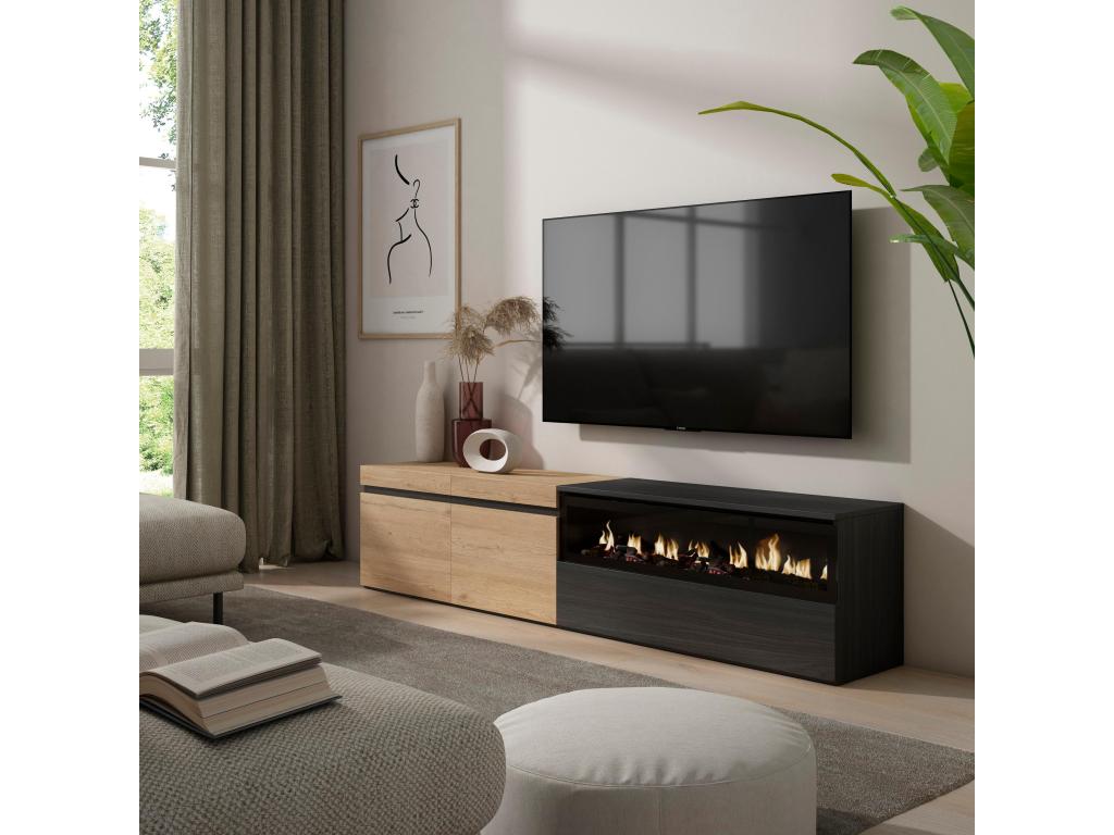 Meuble TV Banc Télé 200x45x35cm Pour les TV jusqu'à 80 Cheminée électrique Chêne et noir PCYV10977