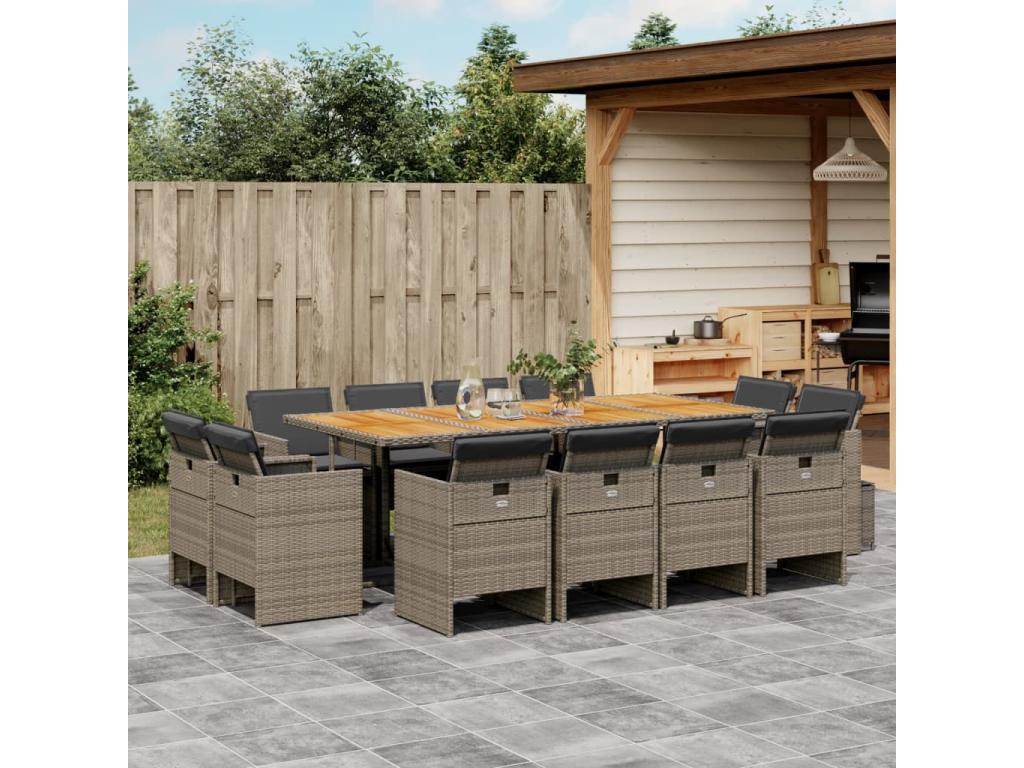 Ensemble à manger de jardin coussins 13 pcs résine gris tressée NXZR39780