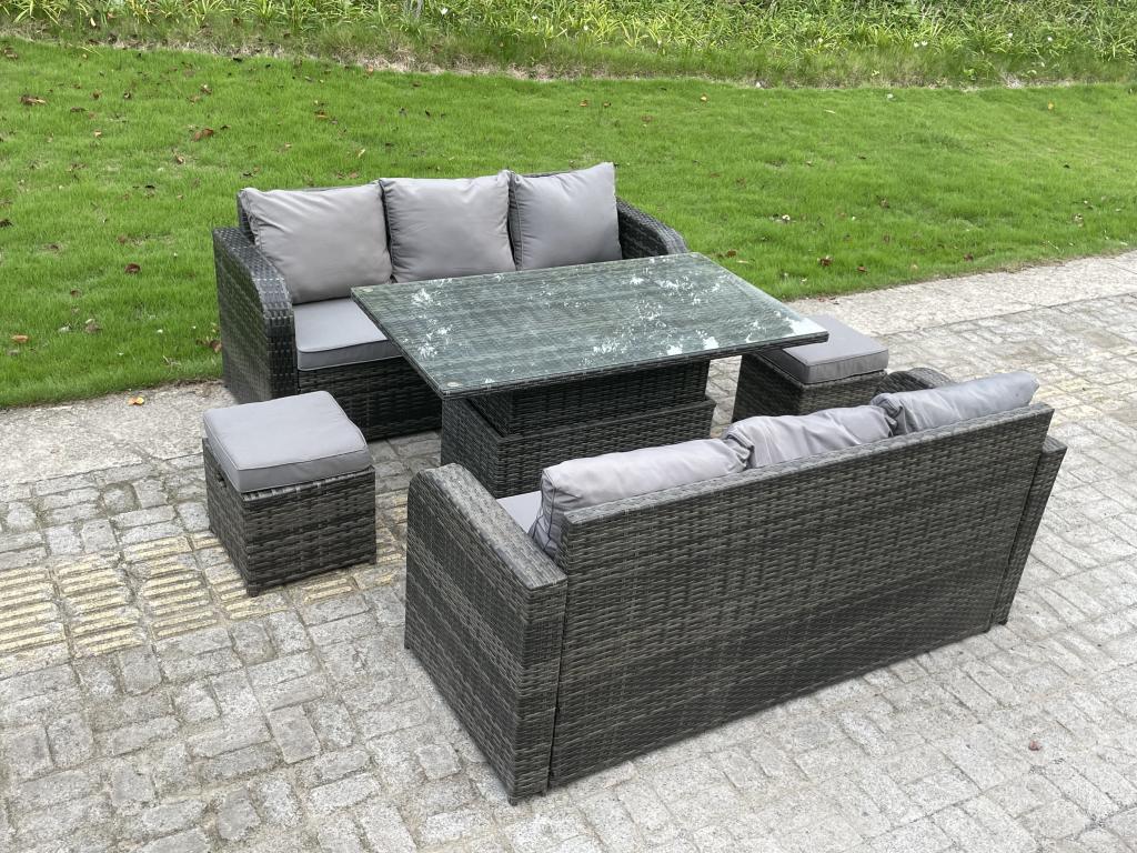 Mobilier À Dîner De Jardin en rotin ave 2 Canapé Table à manger réglable en hauteur 2 Tabourets MéCosymeub gris foncé QGFN06290