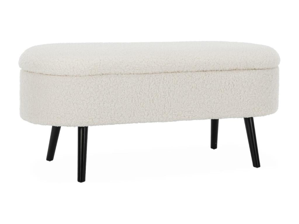 Banc coffre- bout de lit avec revêtement bouclette- écru- pieds en bois noir- L 112x44x50cm RCXH86674