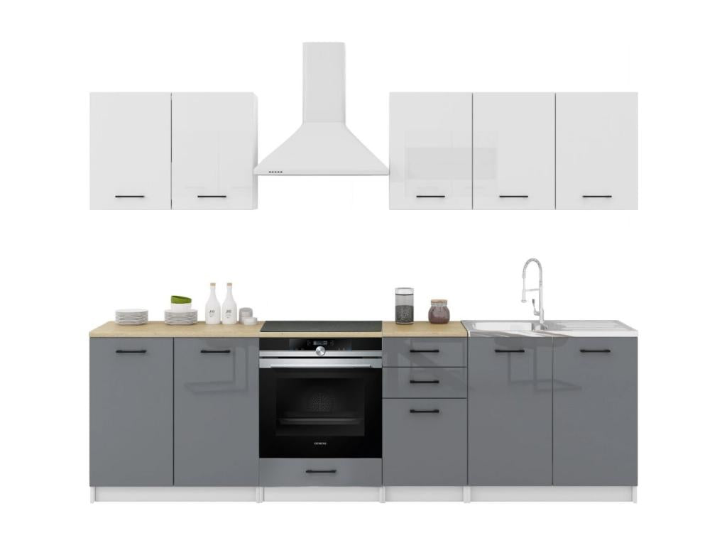 Cuisine Cosymeub 7 éléments - haut blanc bas gris laqué - 2m60 quatre encastrables CSXQ04656