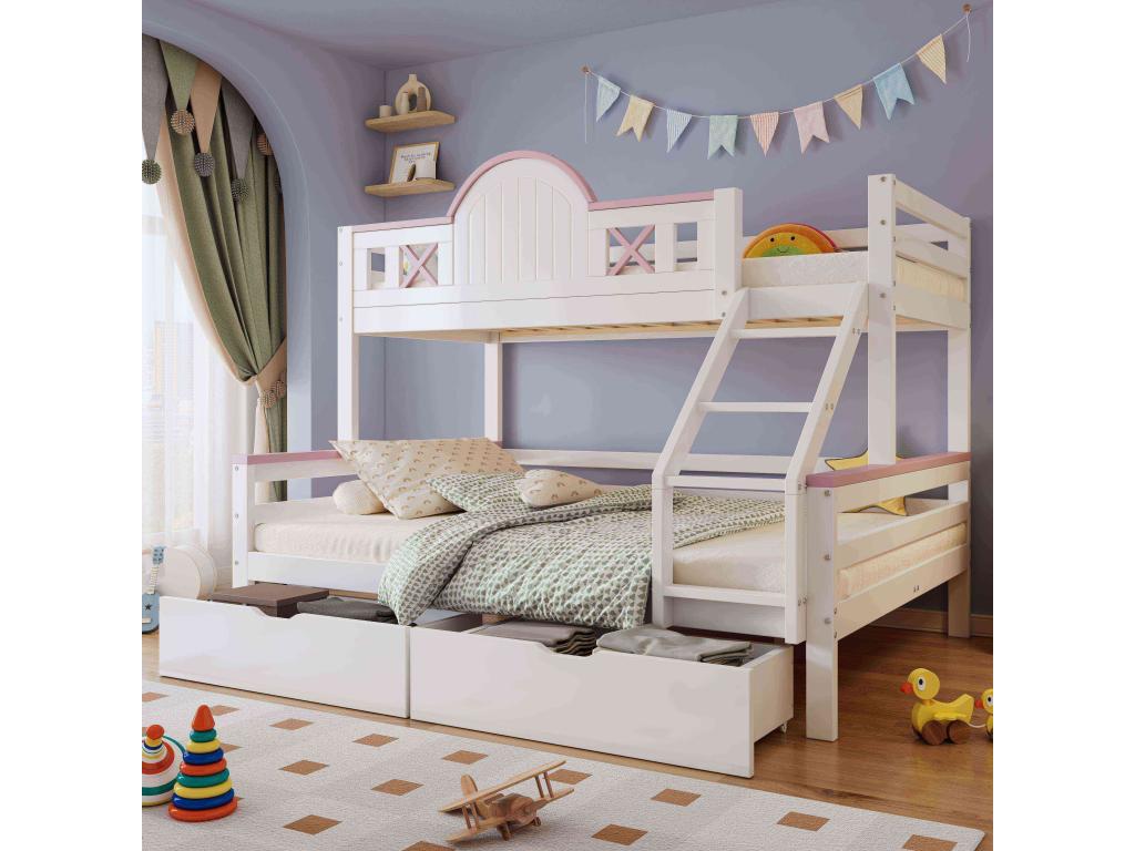 Lit superposé 90x200cm 140x200cm Lit d'enfant avec barrière de sécurité de couleur contrastée Deux tiroirs Blanc Rose Sans matelas ZUVV69601