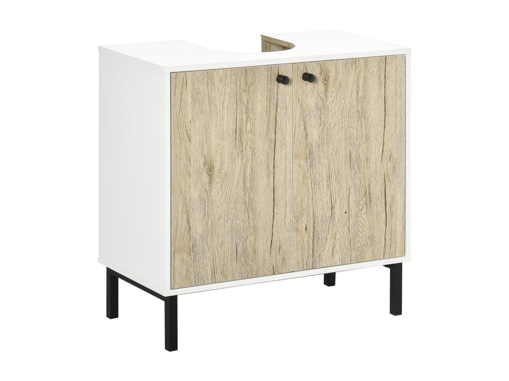 Meuble salle de bain - meuble sous-vasque - 2 portes étagère réglable - piètement acier noir panneaux aspect chêne clair blanc JCPN23092