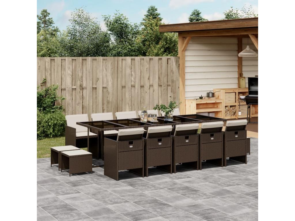 Ensemble à manger de jardin avec coussins 15 pièces marron rotin REIG46311