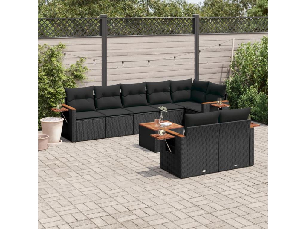 Salon de jardin 9 pcs avec coussins noir résine tressée QZIZ90682