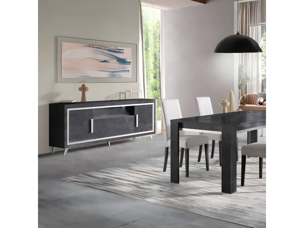 Cosymeub - Ensemble Séjour Effet Marbre Anthracite Table 160cm Buffet avec Leds PKXJ12890