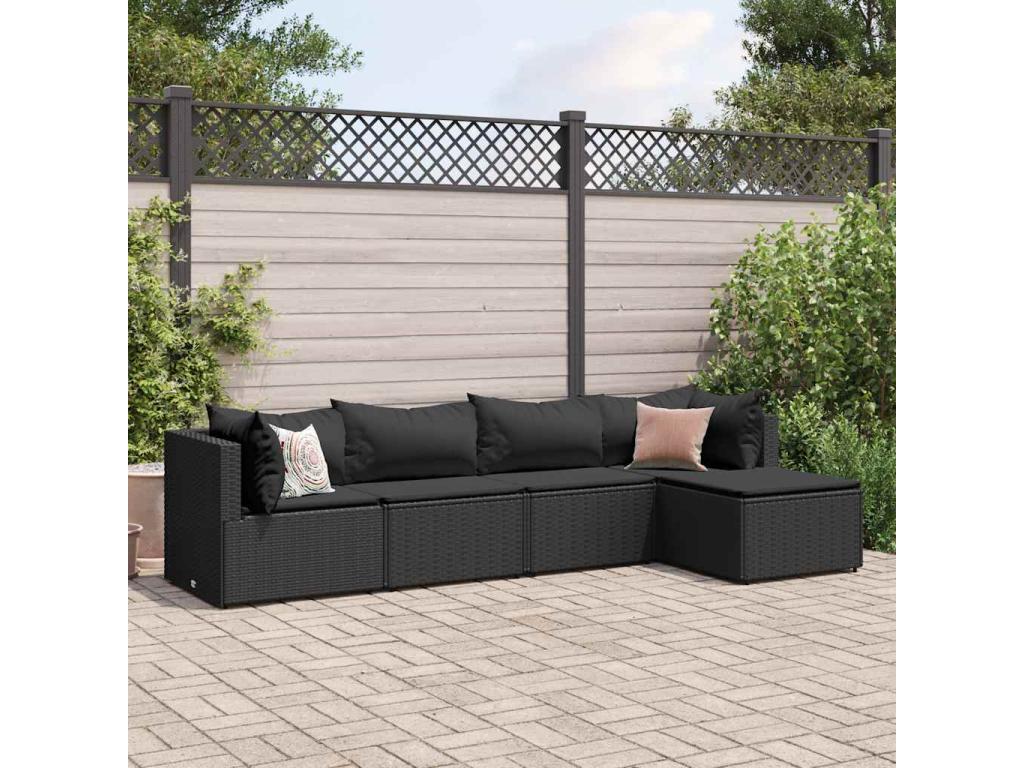 Salon de jardin 5 pièces avec coussins Noir Résine tressée GWQT74821