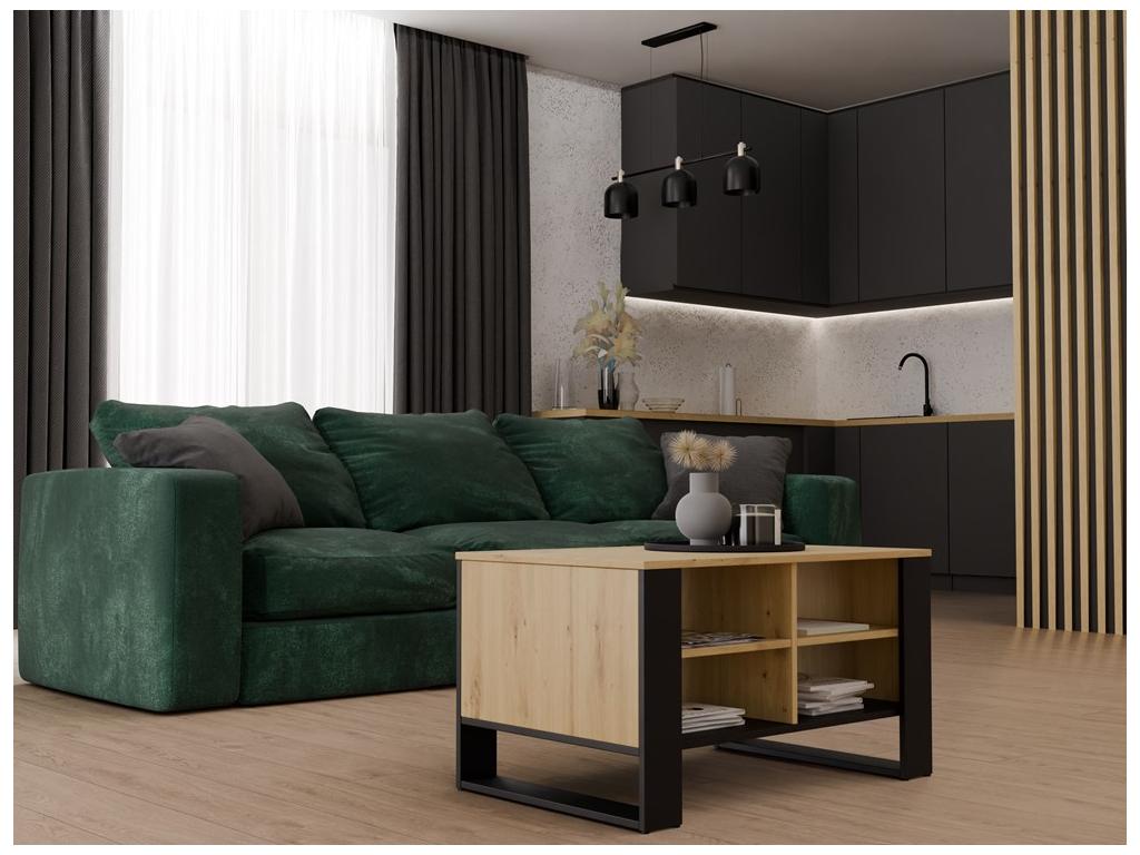 MINI - Table basse rectangulaire industrielle - 90x58x50 - Table basse avec deux étagères FLMP63088