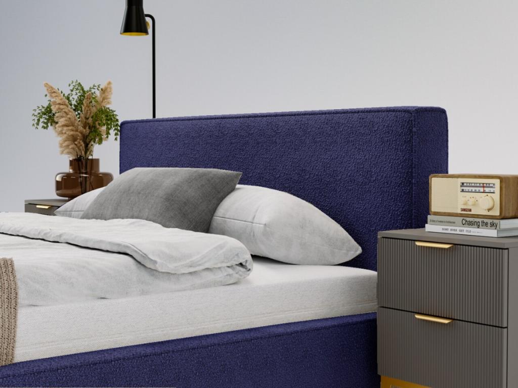 Lit rembourré avec rangement - 160x200 - lit double - bouclé - bleu - Cosymeub NFSR88418