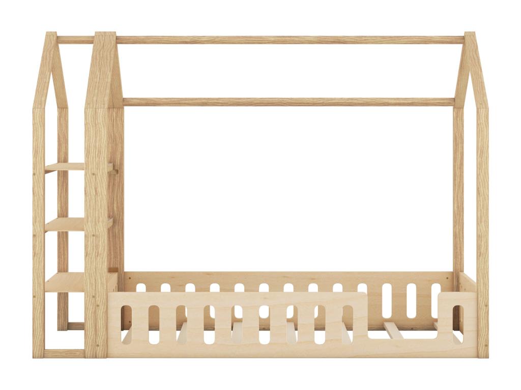 Lit cabane 90x200cm lit d'enfant plat lits maison avec balustrade lit avec 3 niveaux étagères de rangement naturel IZNT35346