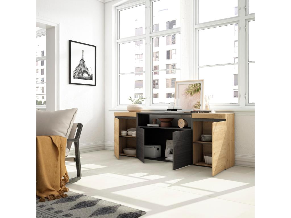 Buffet salon et cuisine 200x75x35cm 4 Portes Chêne et noir GACM84010