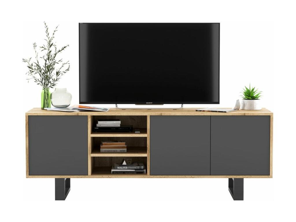Meuble TV avec 3 portes et 1 niches - carcasse chêne Cosymeub façades graphite mat - 150 cm pieds en métal LHKP66624