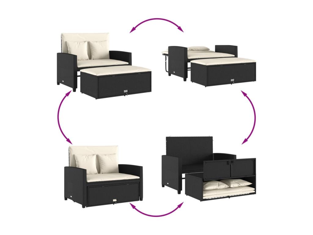 Canapé de jardin avec coussins 2 places noir résine tressée SMFL71010