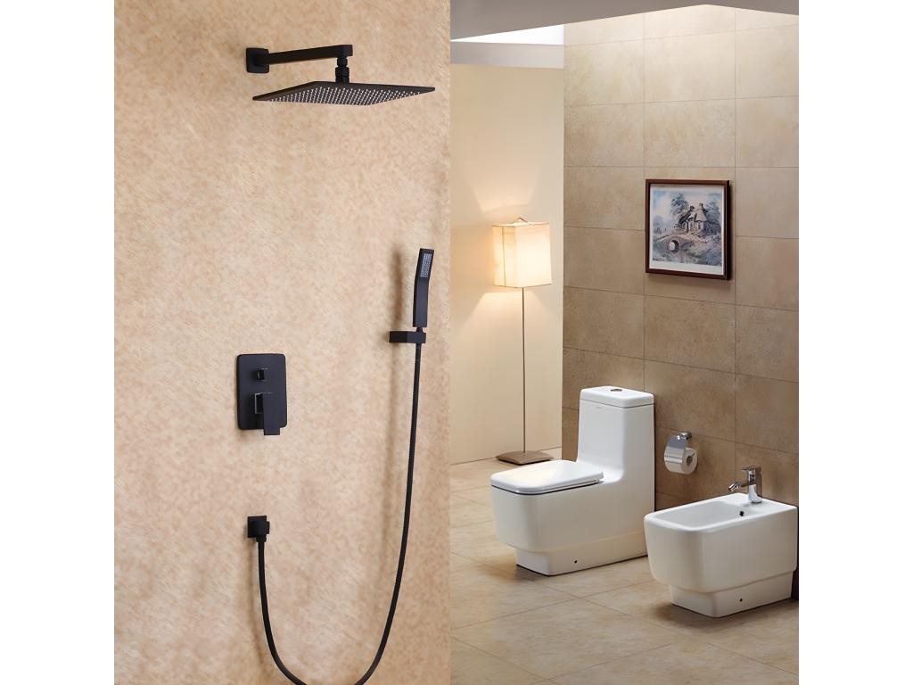 Douche de pluie fixée au mur noir et ensemble de douche avec douchette en laiton massif 200 mm IYPN17566