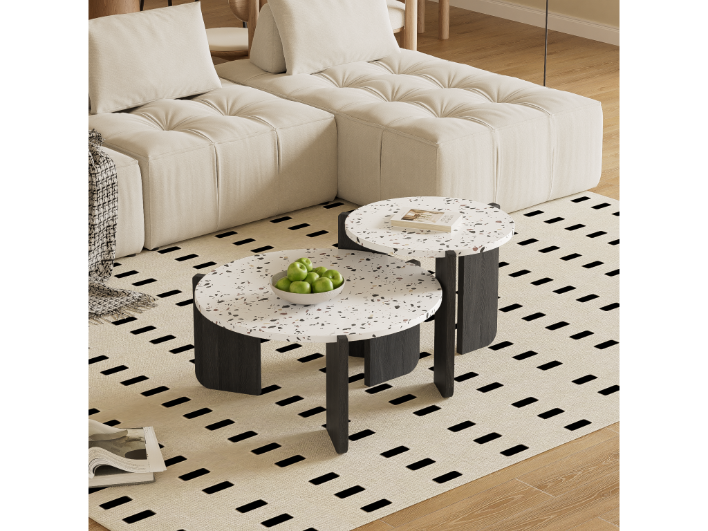 Ensemble de 2 tables basses gigognes moderne blanc et pieds noirs QEGZA BLACK PDOY95148