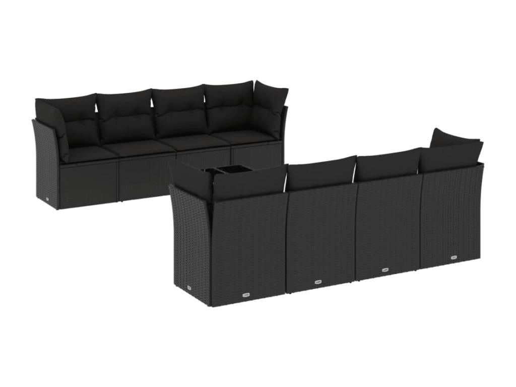 Salon de jardin 9 pcs avec coussins noir résine tressée LQYU53309