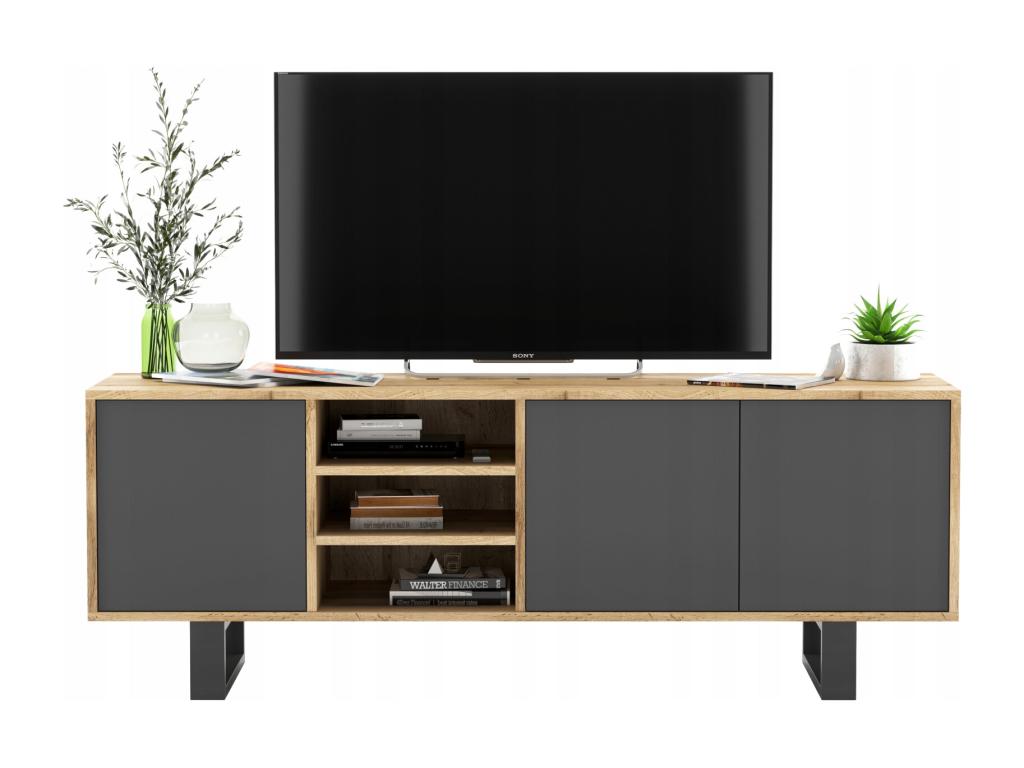 Meuble TV avec 3 portes et 1 niches - carcasse chêne Cosymeub façades graphite mat - 150 cm pieds en métal LHKP66624