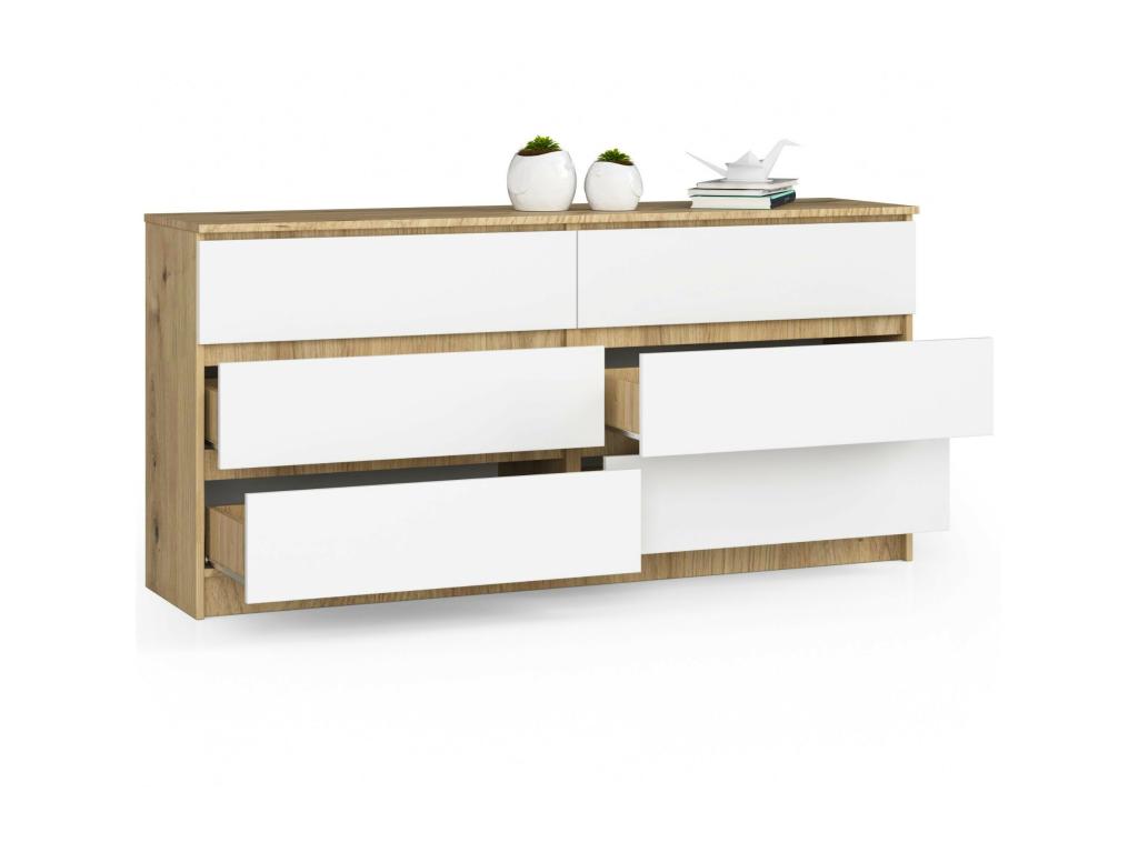Grande Commode pour le salon Artigeo K160 Chêne Artigeo 160 cm 6 tiroirs façade Blanche 160x40x77 cm IMHT78653