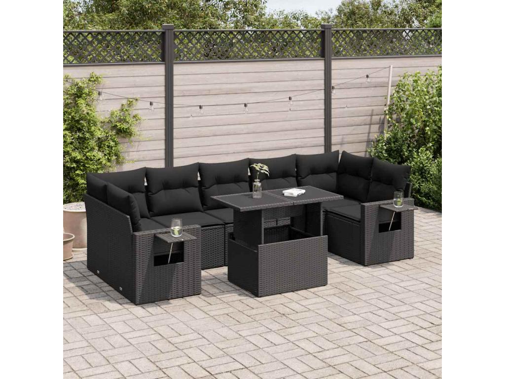 Salon de jardin 8 pcs avec coussins noir résine tressée YNKS15170