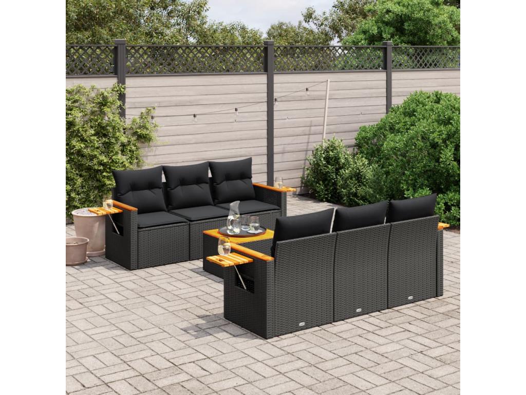 Salon de jardin 7 pcs avec coussins noir résine tressée WKQI06677