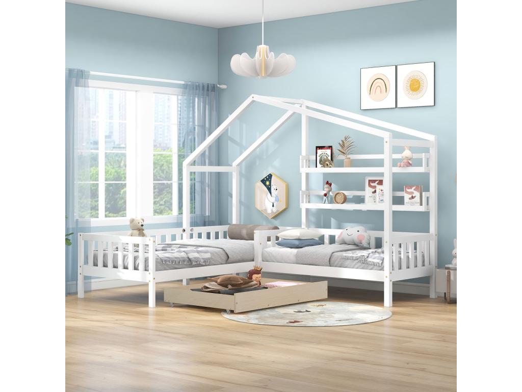 Lit cabane enfant 90x200cm 70x140cm - avec tiroirs étagères sommier à Cosymeub cadre en L en pin - Blanc YDVI65239