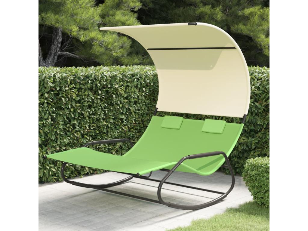 Chaise longue double à bascule avec auvent Vert et crème MIBY50747