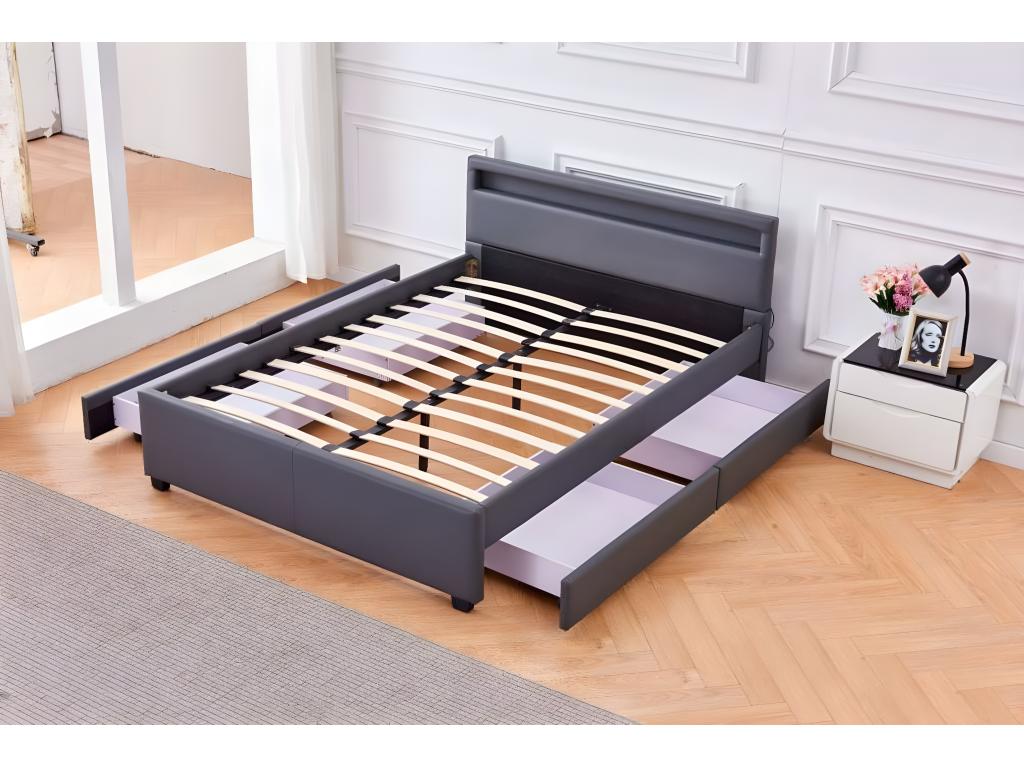 Lit adulte 160x200 cm tiroirs et led gris sommier inclus KDIP35194