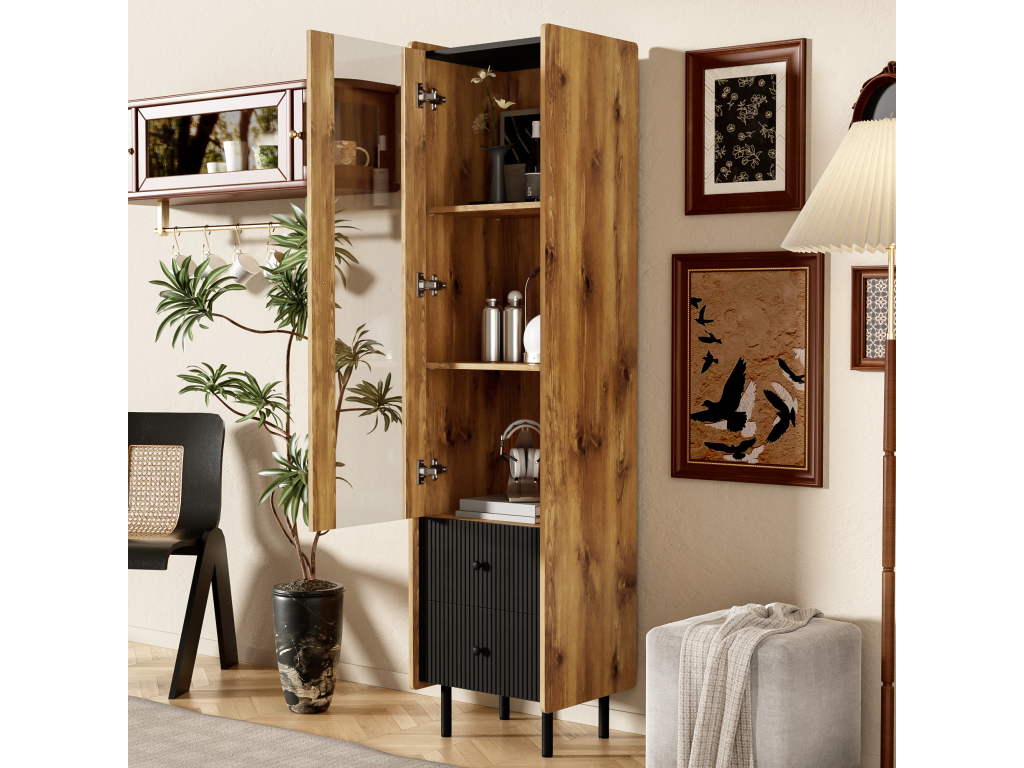 Buffet haut vitrine avec 2 tiroirs et porte vitrée - 180x44x40 cm - LEDs - MDF et panneau de particules - Noir et bois EFWA70400